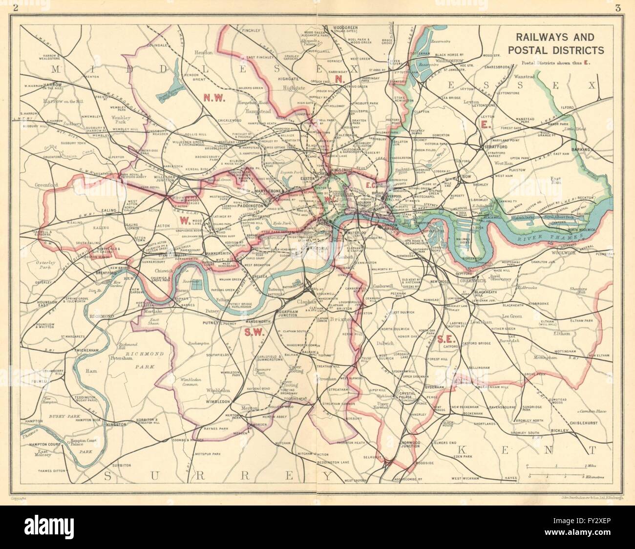 Londres : Chemins de districts postaux.Les lignes de métro, tram.map 1930 Banque D'Images