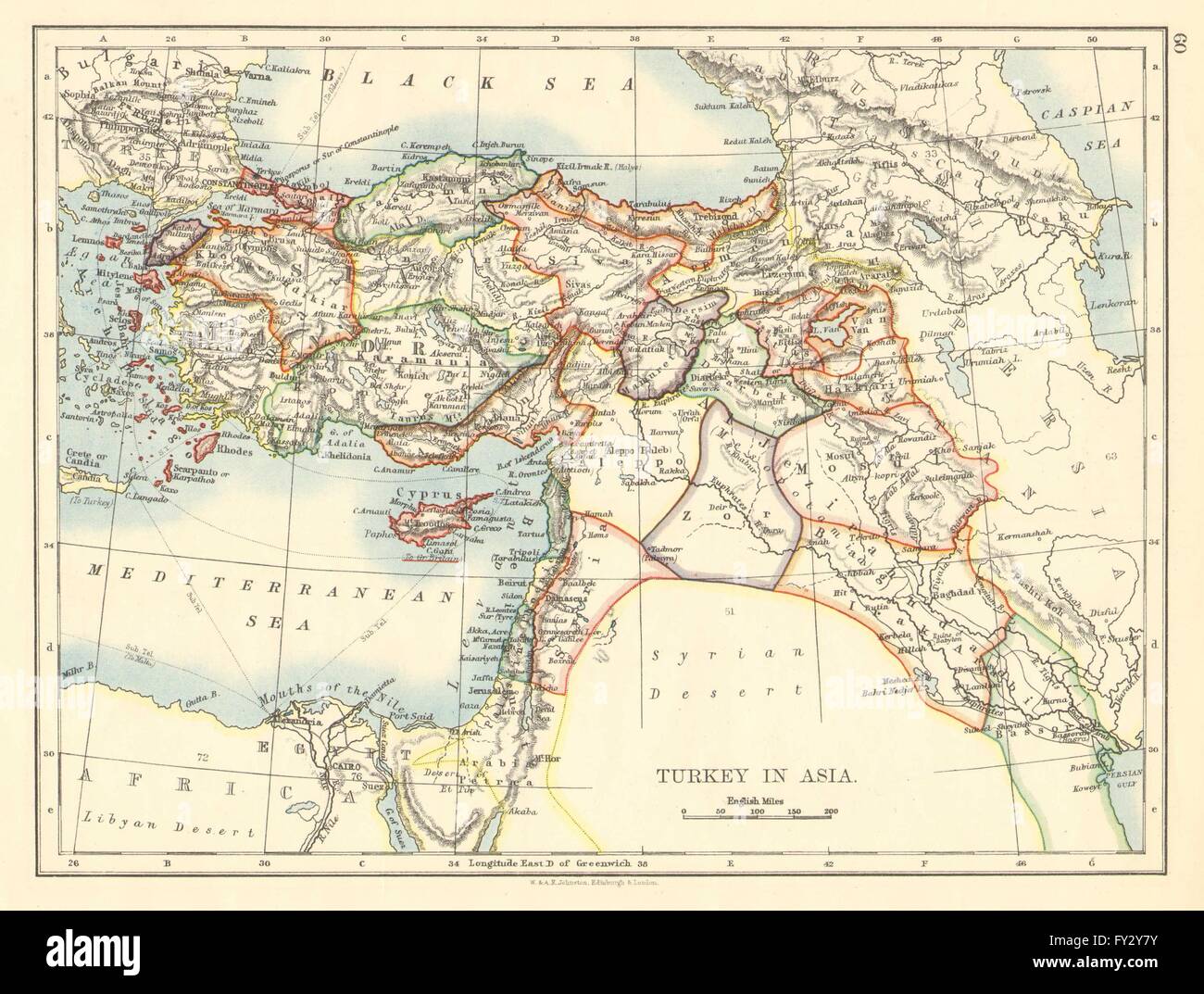 La Turquie ottomane en Asie. Chypre Levant Mésopotamie la Palestine. JOHNSTON, 1899 map Banque D'Images