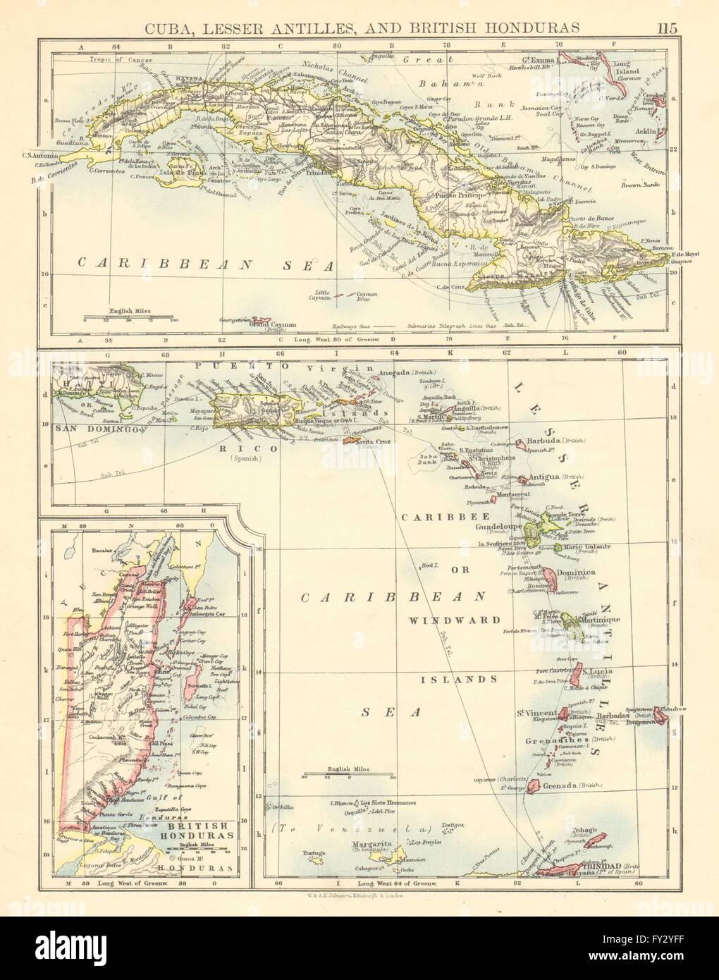 Îles des Caraïbes.Cuba Honduras britannique Caribbee/Windward. JOHNSTON, 1899 map Banque D'Images