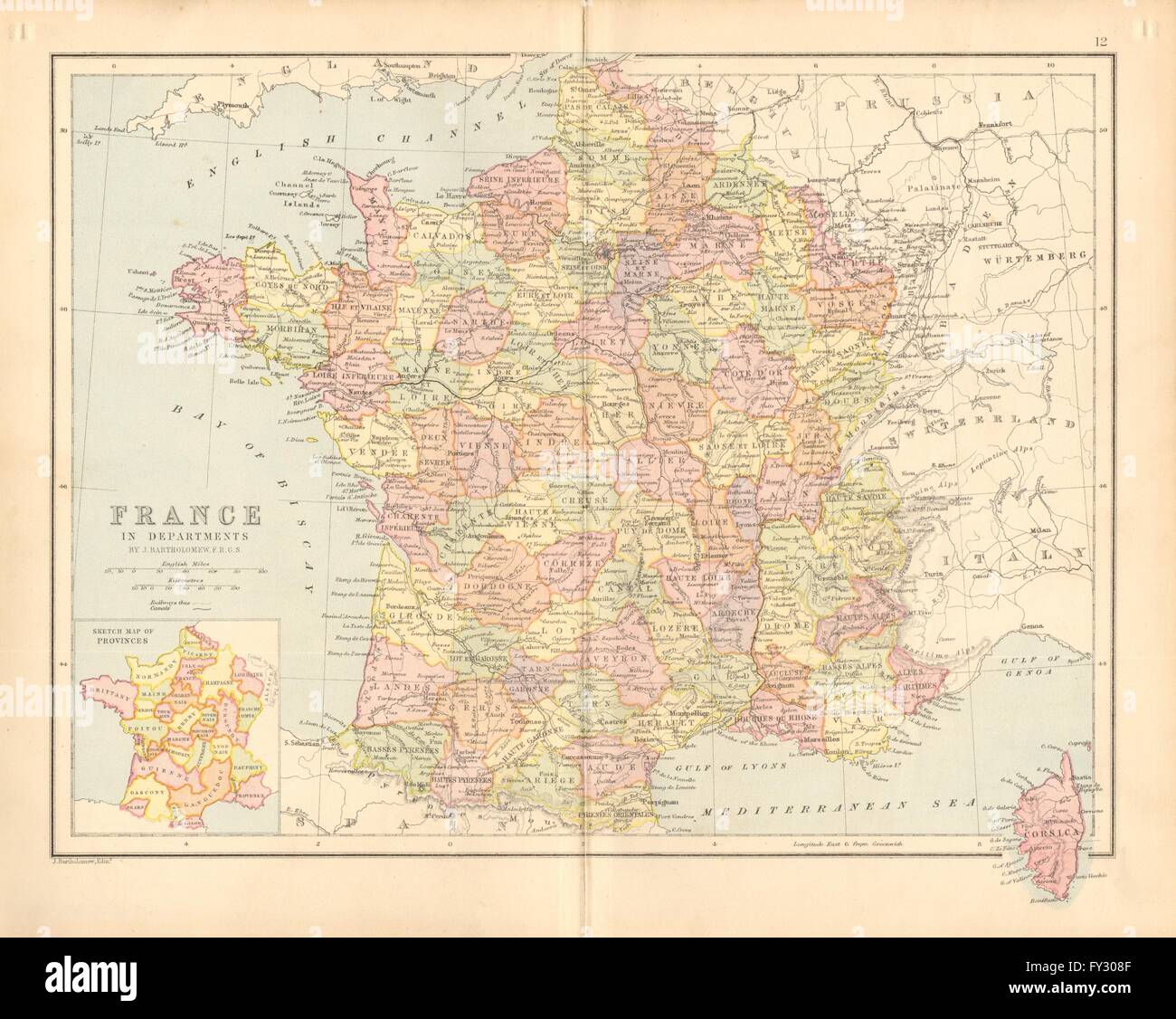 'France' dans les ministères. w/o Alsace Lorraine et Menton. BARTHOLOMEW, 1876 map Banque D'Images