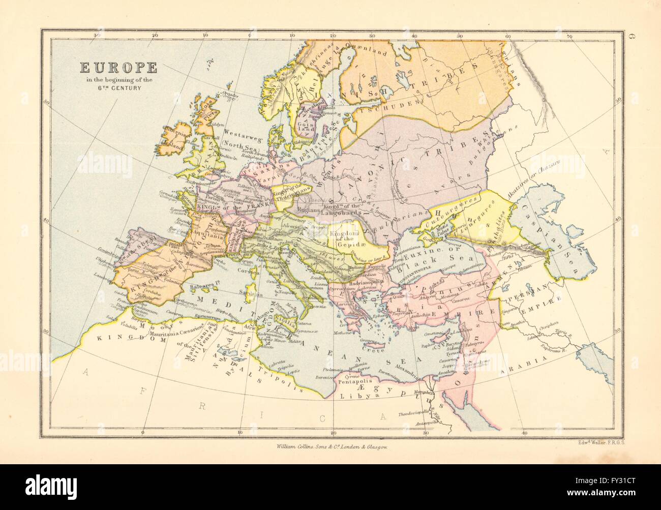 'L'Europe dans le début du 6ème siècle". BARTHOLOMEW, 1876 carte antique Banque D'Images