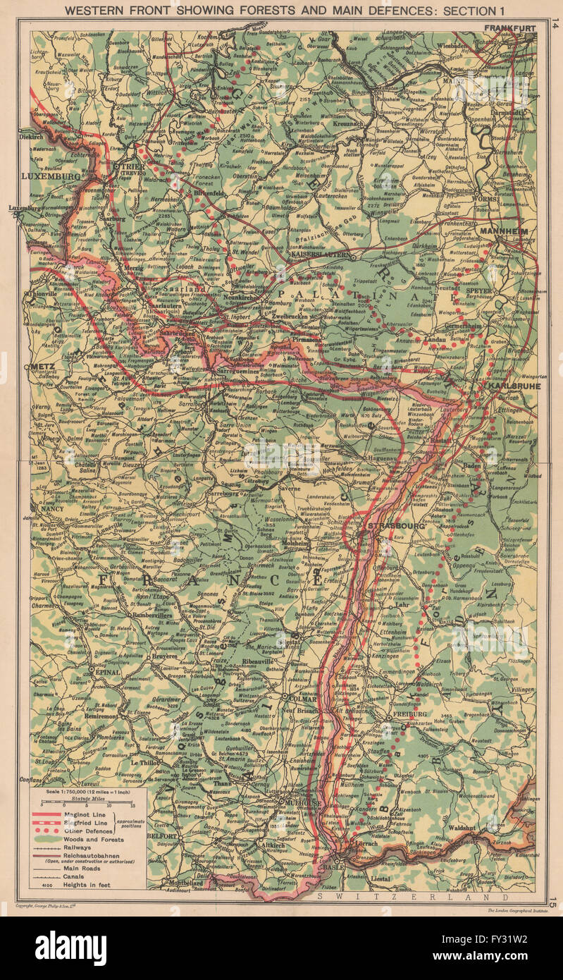 WORLD WAR 2 : Ligne Maginot et la ligne Siegfried de défense. Celles d'avant l'invasion de la France, 1940 La carte Banque D'Images