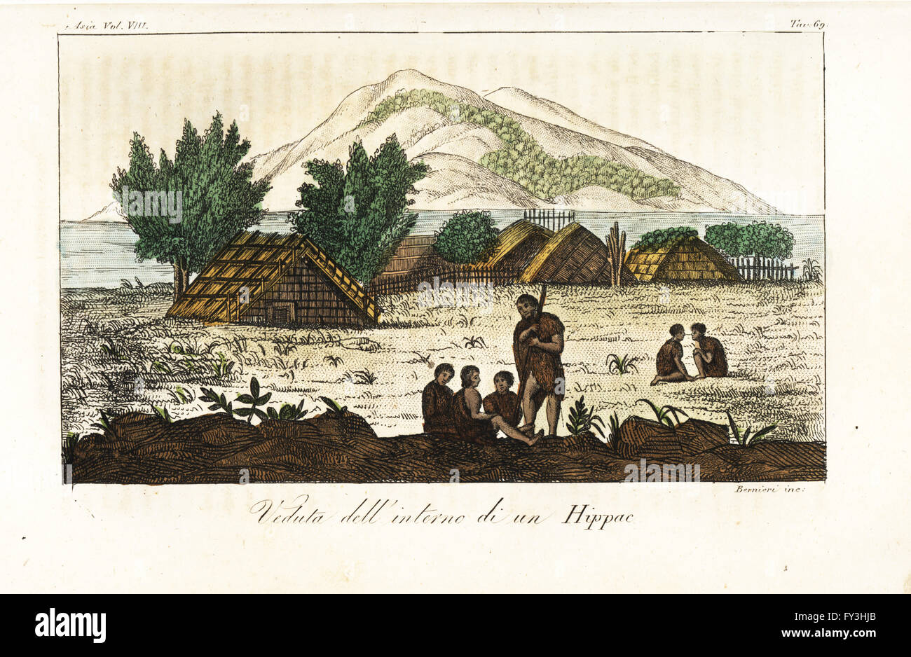 À l'intérieur d'un village fortifié ou Maori (pa) Hippah, Nouvelle-Zélande. Taille-douce coloriée gravée par Andrea Bernieri après John Webber de Giulio Ferrario's costumes anciens et modernes de tous les peuples du monde, Florence, Italie, 1844. Banque D'Images