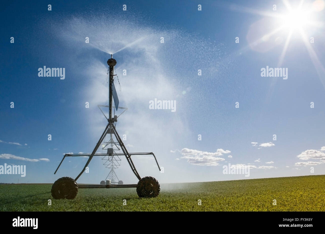 Système d'irrigation à pivot central avec têtes à travailler sous les rayons solaires, Badajoz, Espagne Banque D'Images