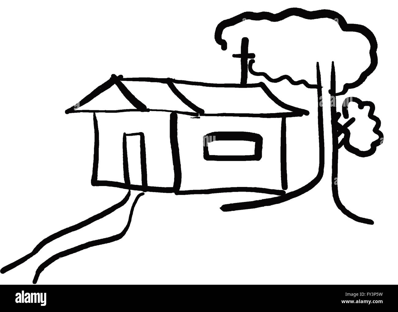 Hand drawn design house et arbre dans la campagne, sur fond blanc. Banque D'Images