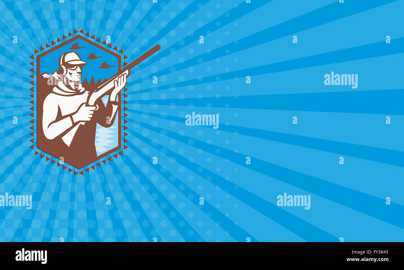 Carte montrant l'illustration d'un chasseur de canard shooter avec fusil carabine à vol d'oies et les montagnes en arrière-plan fait en style rétro. Banque D'Images