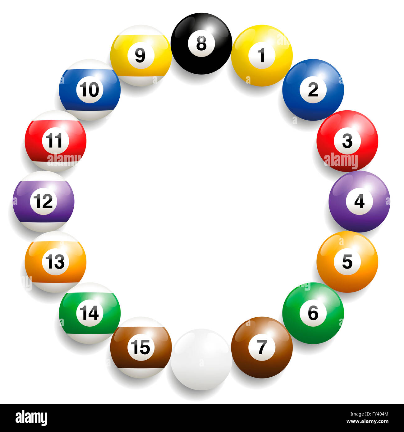 Boules de billard - cadre rond formé par l'ensemble des seize boules. Trois dimensions et réaliste à l'illustration. Banque D'Images