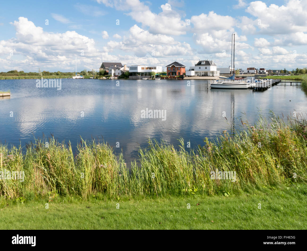 Maisons au bord de l'eau vert en banlieue résidentielle, Almere dans la province de Flevoland près d'Amsterdam Banque D'Images