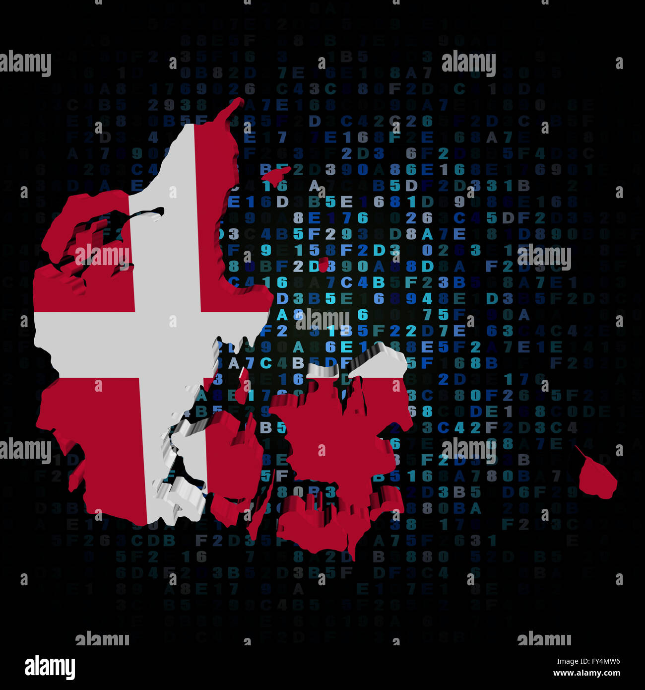 Danemark carte drapeau sur code hex illustration Banque D'Images