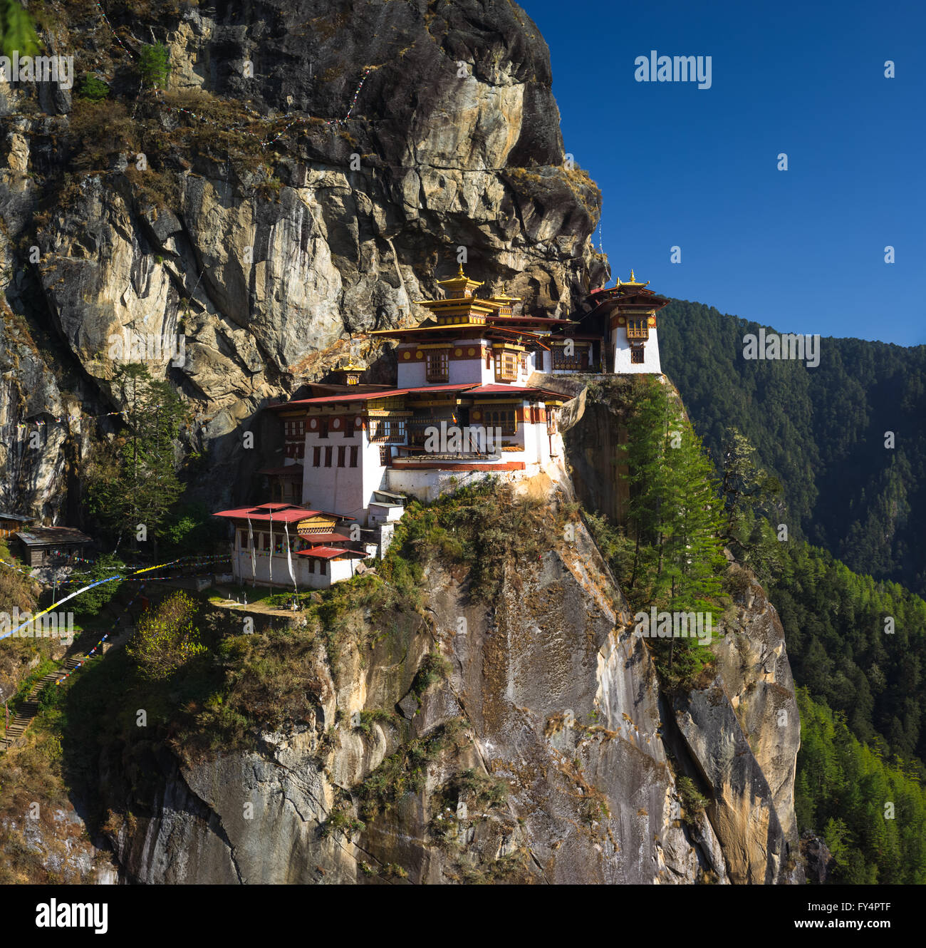 Le nid du tigre spectaculaire (Monastère Taktshang Goemba, perchée sur la falaise près de Paro, Bhoutan. Banque D'Images