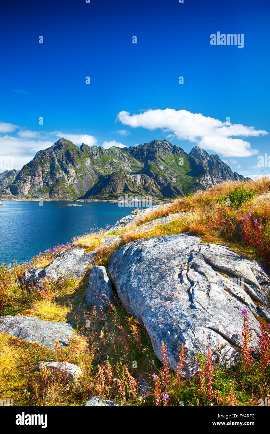 Vue de montagnes norvégiennes à Henningsvær, Lofoten, Norvège. Les Lofoten est connu pour un paysage caractéristique avec des montagnes Banque D'Images