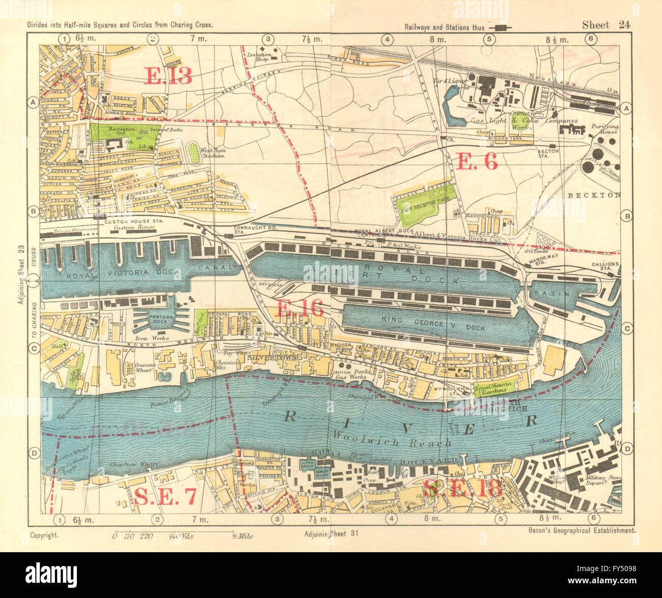 E London Royal Victoria et l'Albert Docks Beckton Woolwich Silvertown.BACON, 1928 map Banque D'Images