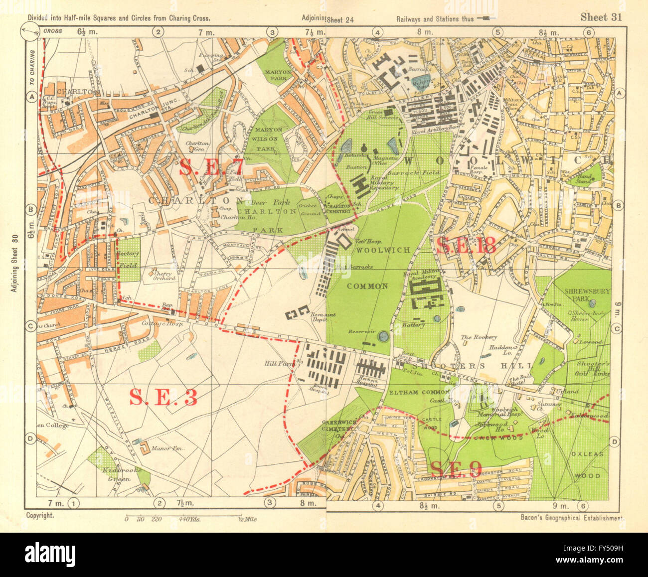 SE DE LONDRES. Charlton Woolwich Eltham Kidbrooke Shooters Hill. BACON, 1928 map Banque D'Images