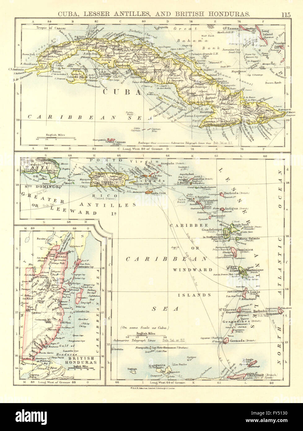 Îles des Caraïbes.Cuba Honduras britannique/au vent sous le vent. JOHNSTON, 1906 map Banque D'Images