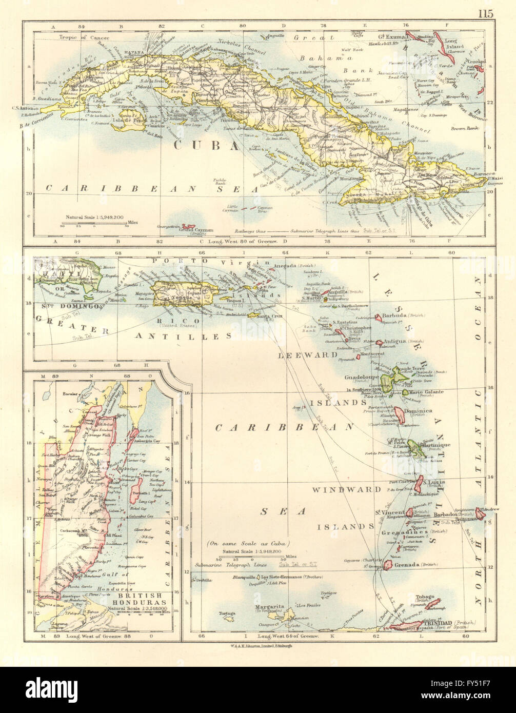 Îles des Caraïbes.Cuba Honduras britannique/au vent sous le vent. JOHNSTON, 1920 map Banque D'Images
