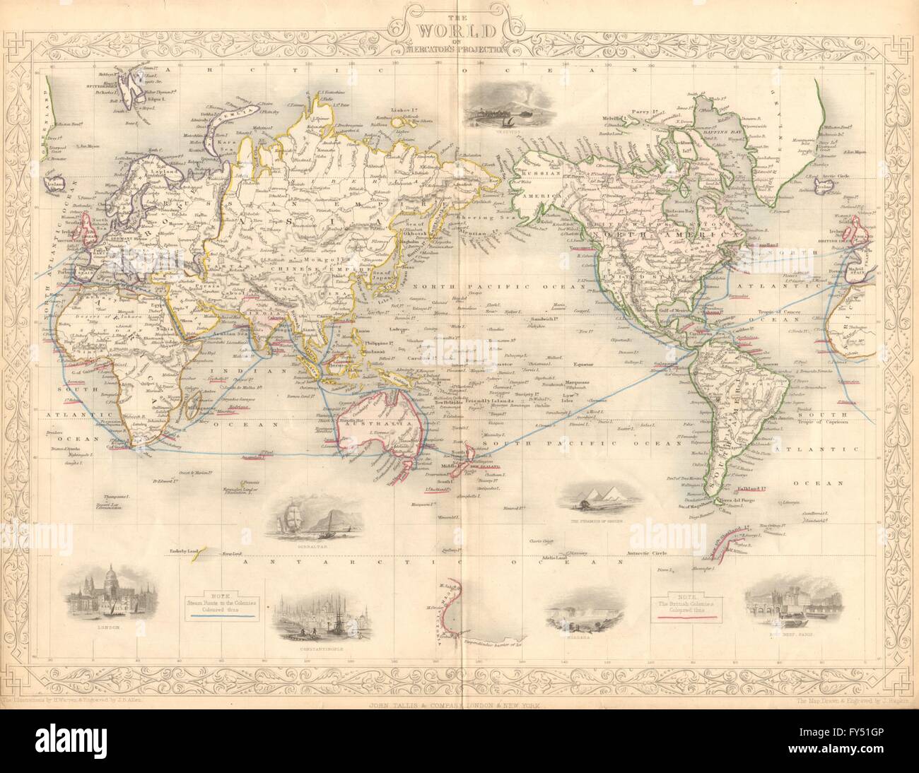Monde/Empire britannique. L'équipe "itinéraires pour les colonies". TALLIS/RAPKIN, 1849 map Banque D'Images
