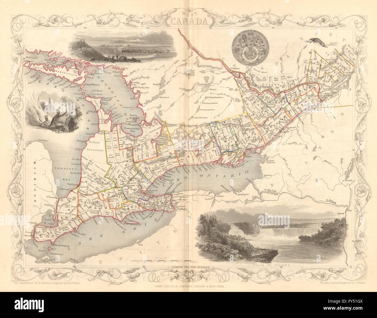 "WEST CANADA'. Le sud de l'Ontario. Montre'territoire indien' TALLIS/RAPKIN, 1849 map Banque D'Images