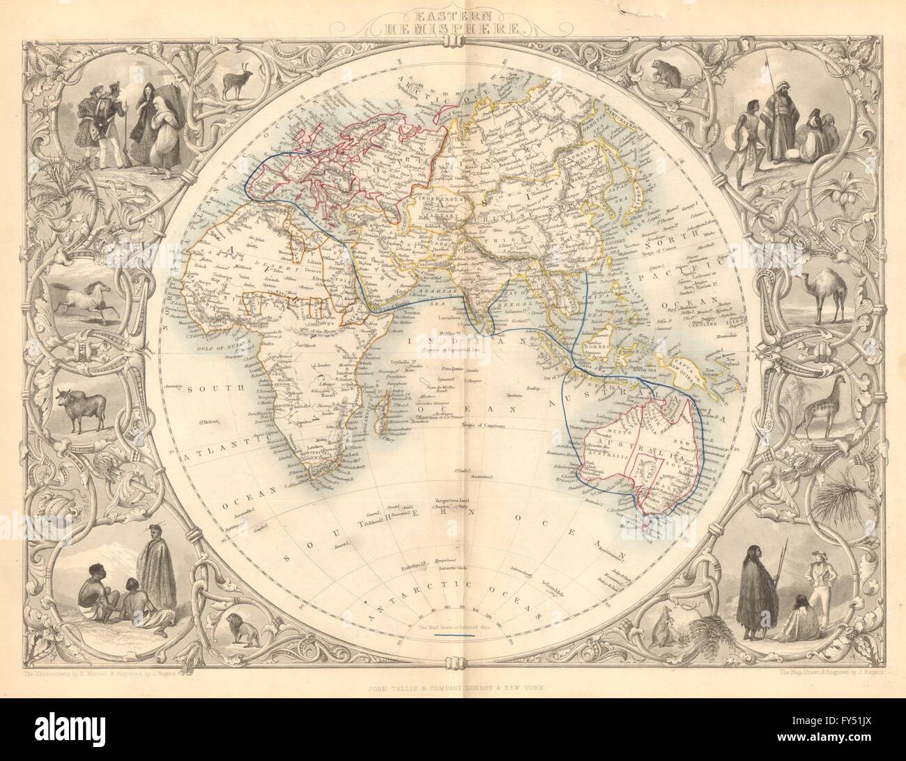 Hémisphère oriental. Mail route de colonies britanniques. Asie.TALLIS/RAPKIN, 1849 map Banque D'Images