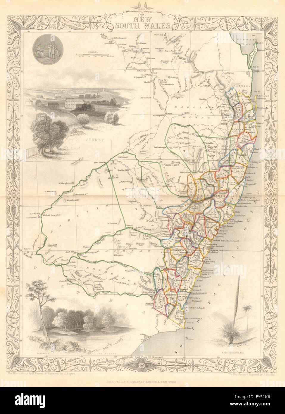 Nouvelle Galles du Sud. Vignette de Sydney. Les itinéraires des explorateurs.TALLIS/RAPKIN, 1849 Ancien site Banque D'Images