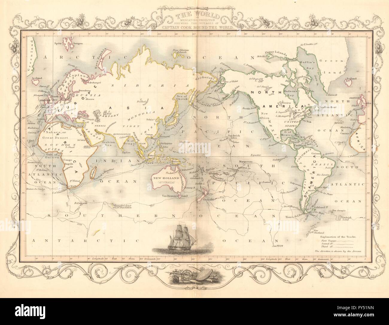 Le monde. "Tailler les voyages du capitaine Cook". TALLIS/RAPKIN, 1849 Ancien site Banque D'Images