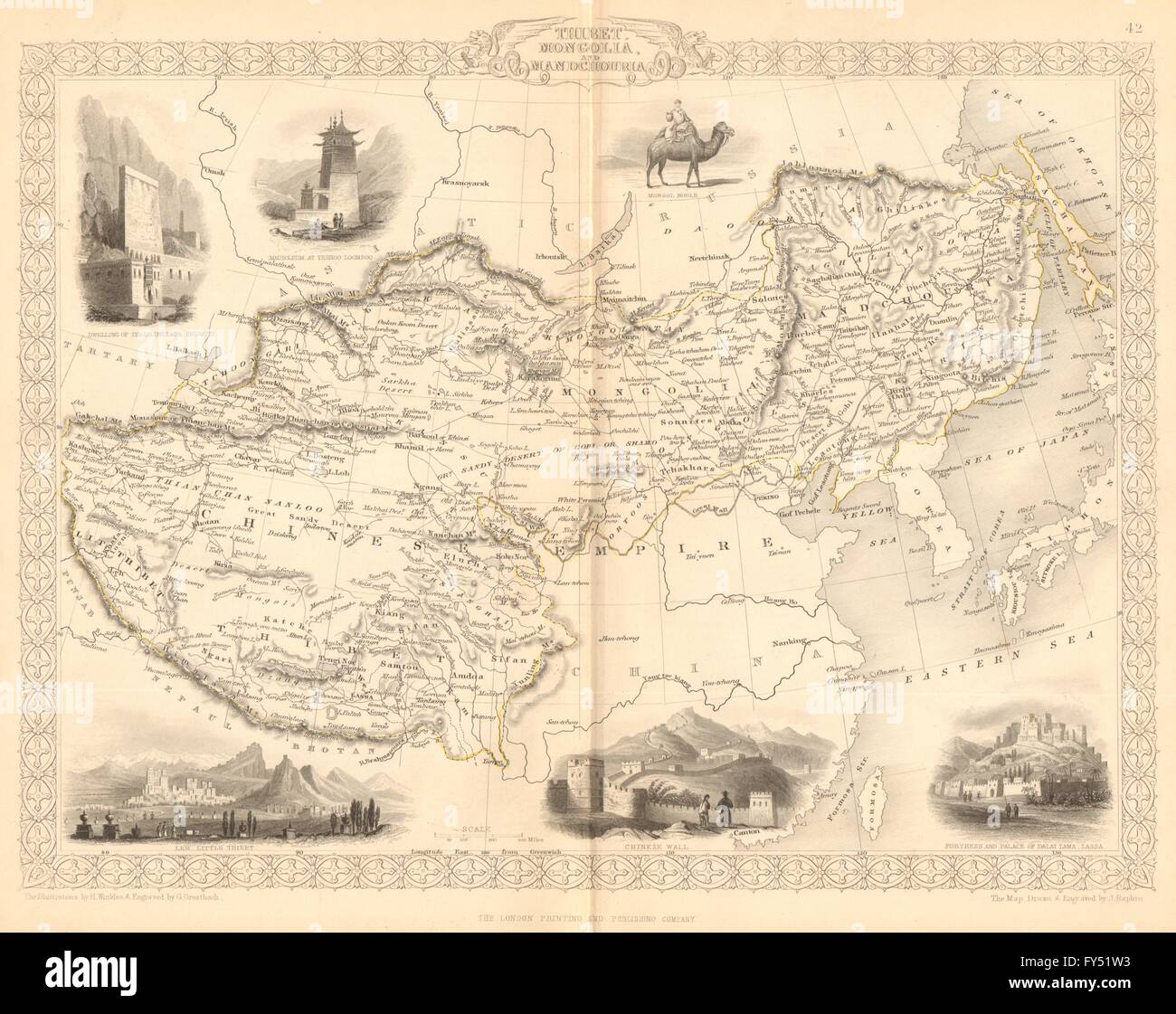 THIBET MONGOLIE Mandchourie MANDCHOURIA.Tibet Lhassa Chine.TALLIS/RAPKIN, 1849 map Banque D'Images