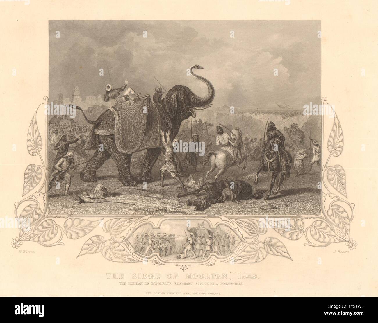 Siège de Multan en 1849. De l'éléphant de Moolraj Houdah frappé par un boulet, 1849 Banque D'Images