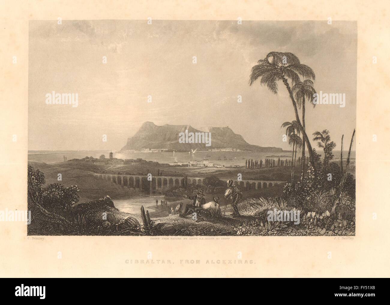 Vue de Gibraltar à partir d'Algesiras. Gravure sur acier de Tallis, old print 1849 Banque D'Images