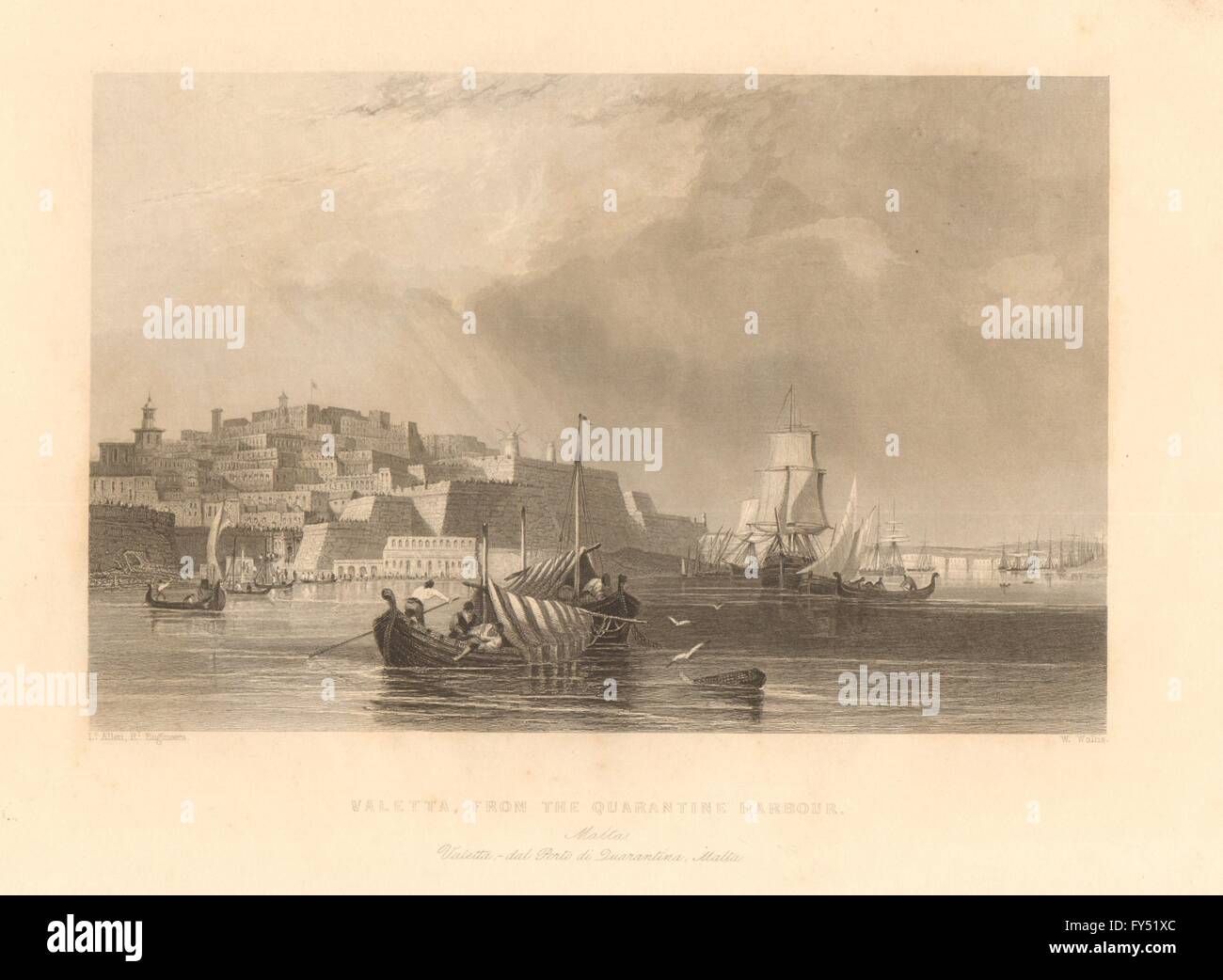 Vue de La Valette, le port de la quarantaine. Malte. TALLIS, old print 1849 Banque D'Images