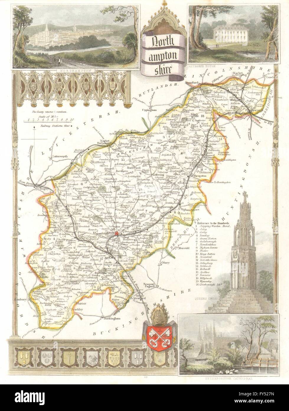 Antique Northamptonshire county carte colorés à la main par Thomas Moule, c1840 Banque D'Images