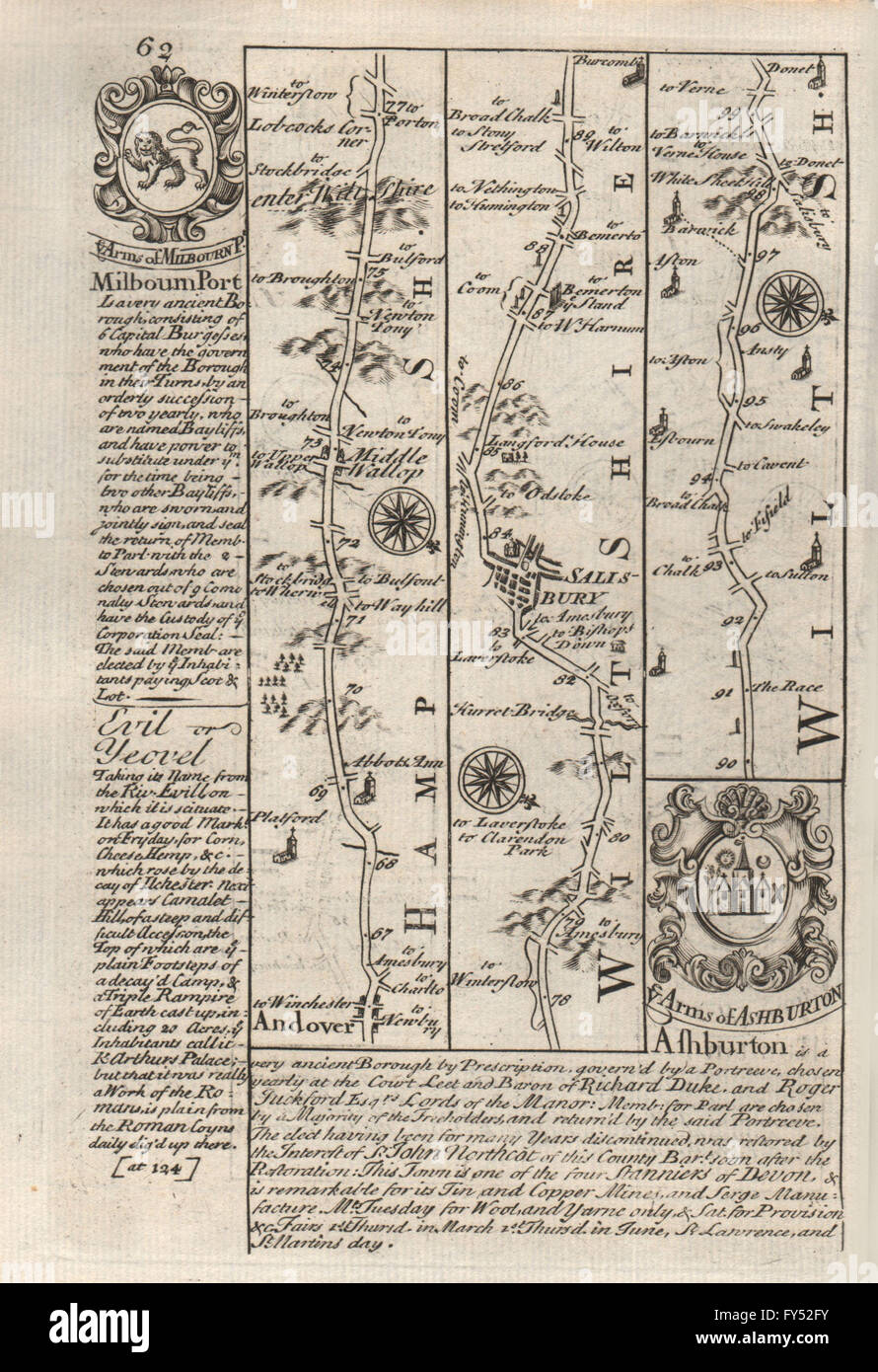 Andover-Middle Wallop-Salisbury road strip map par J. OWEN & E. Bowen, 1753 Banque D'Images