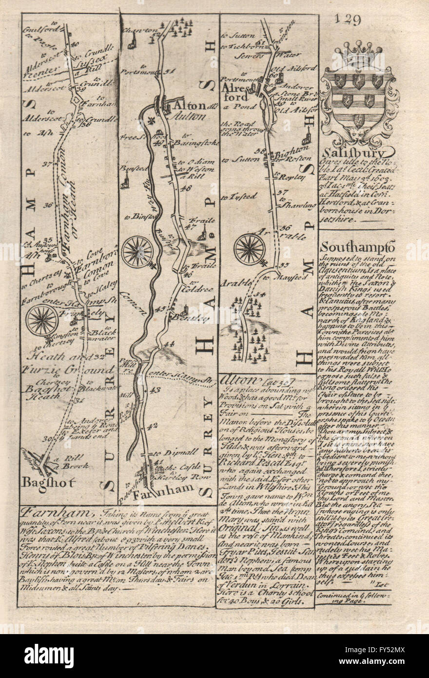 Bagshot-Farnham Alton-Alresford-strip road map par J. OWEN & E. Bowen, 1753 Banque D'Images