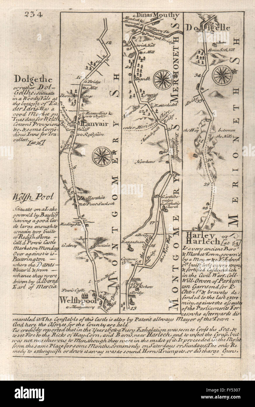 Welshpool-Llanfair Caereinion-Dinas Mawddwy-Dolgellau/OWEN BOWEN road map 1753 Banque D'Images