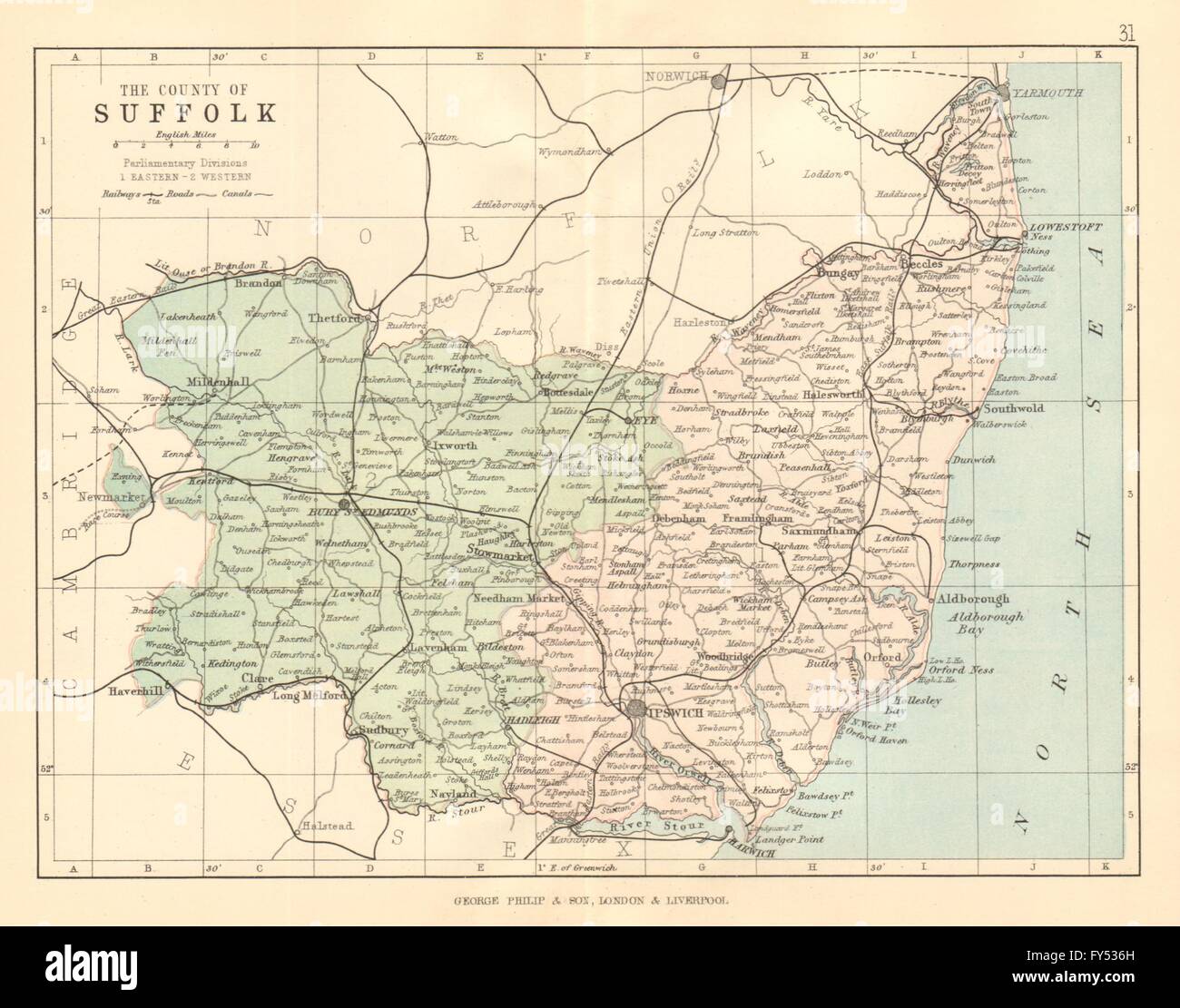 Carte du comté de Suffolk : meubles anciens. Routes Chemins de canaux. Circonscriptions. PHILIP 1884 Banque D'Images