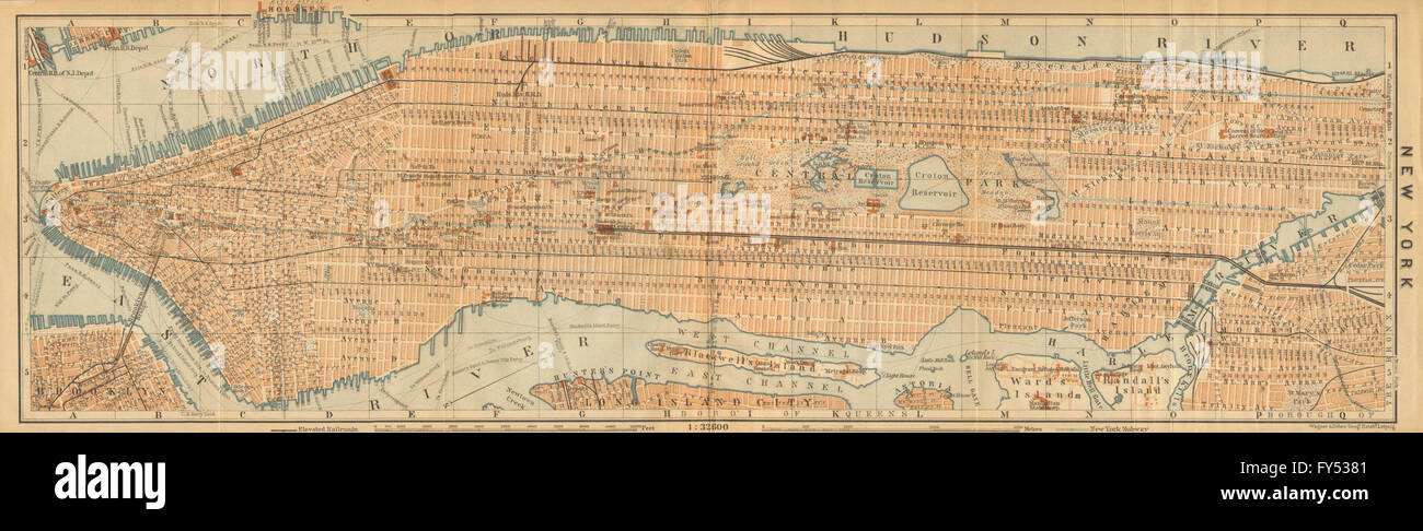 Plan de la ville ville antique MANHATTAN panorama. La ville de New York. Carte BAEDEKER, 1904 Banque D'Images