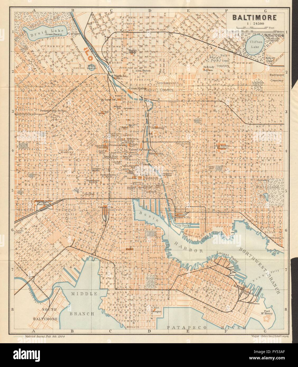 Ville antique de Baltimore city plan. Le Maryland. 1904 BAEDEKER, carte antique Banque D'Images
