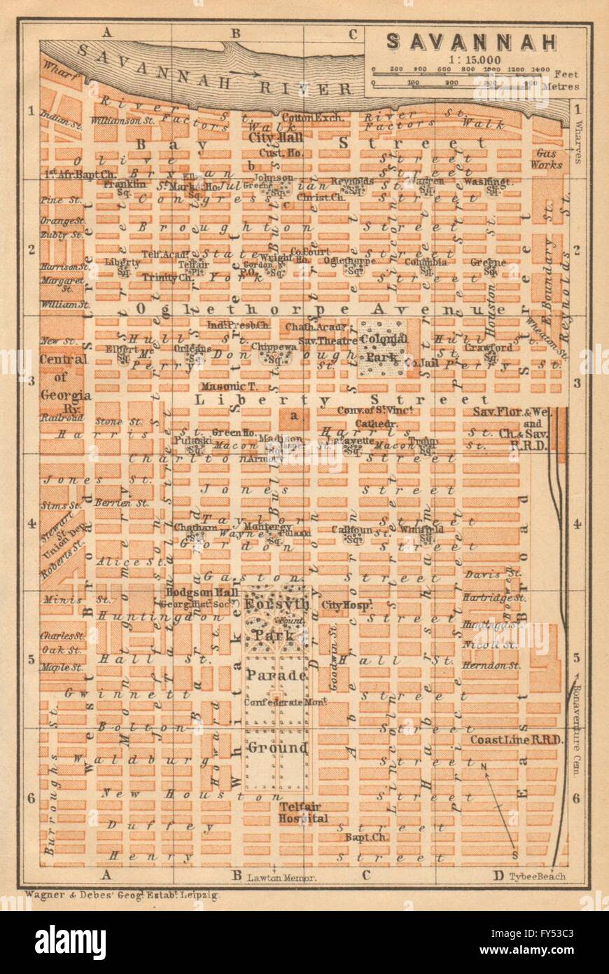 Ville antique de Savannah city plan. La Géorgie, États-Unis. 1904 BAEDEKER, carte antique Banque D'Images