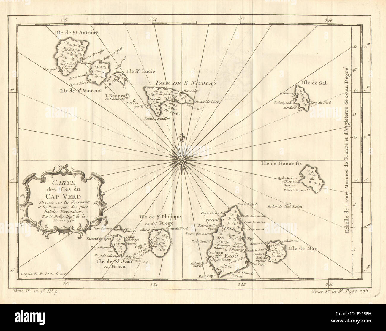 Carte des Isles du Cap Verd'. Îles du Cap Vert. BELLIN, 1758 carte antique Banque D'Images