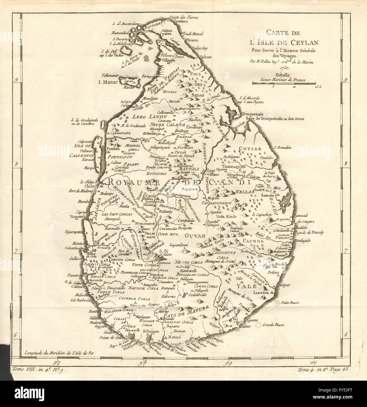 'Carte de l'Isle de Ceylan'. Ceylan. Le Sri Lanka. BELLIN, 1758 carte antique Banque D'Images