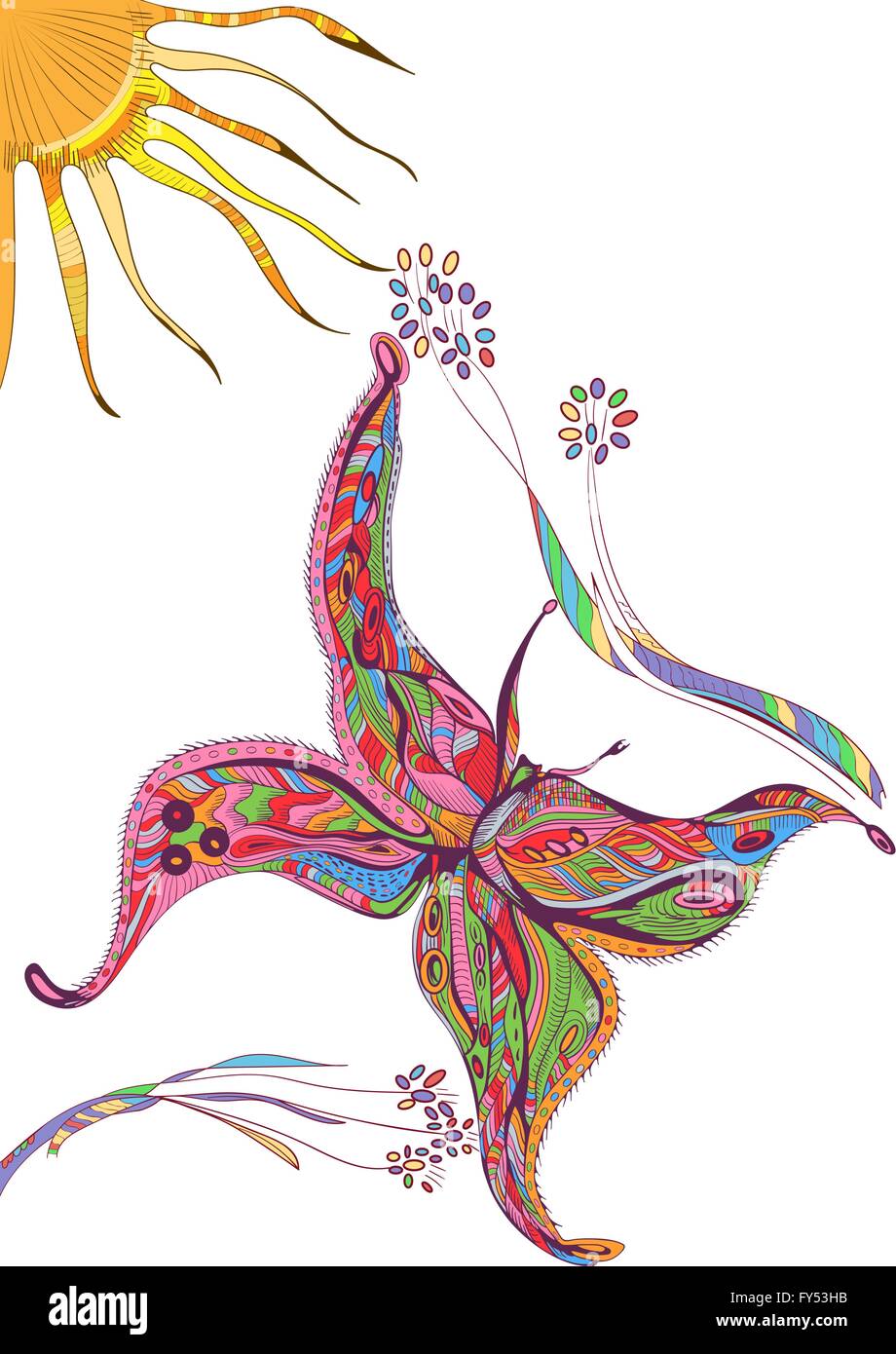 Hand drawn vector zentangle battant de papillon avec fleurs et soleil. Résumé de l'élément de décoration design doodle. Illustration de Vecteur
