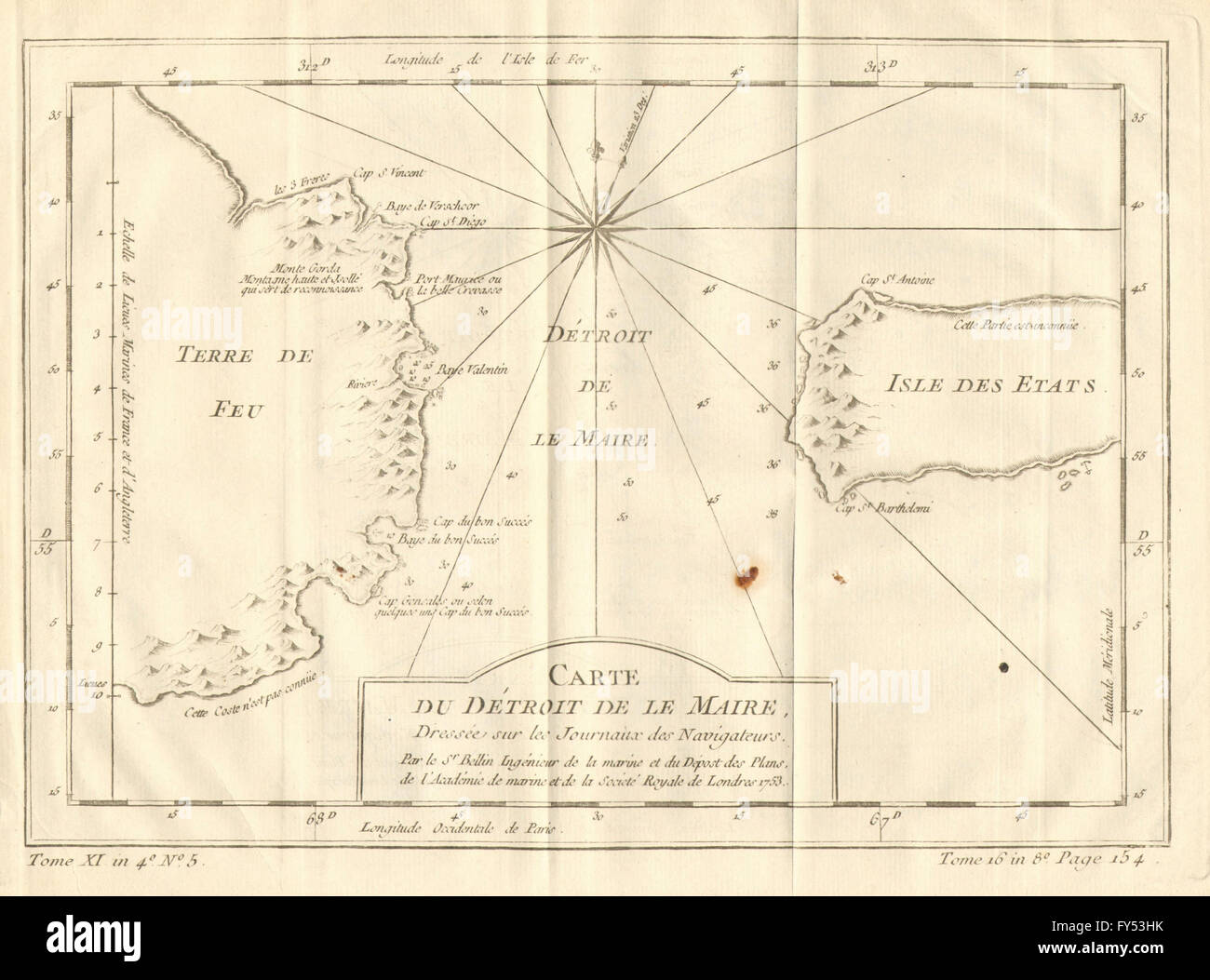 Le Maire de Detroit "Détroit", la terre de Fuega, Argentine. BELLIN, 1758 map Banque D'Images