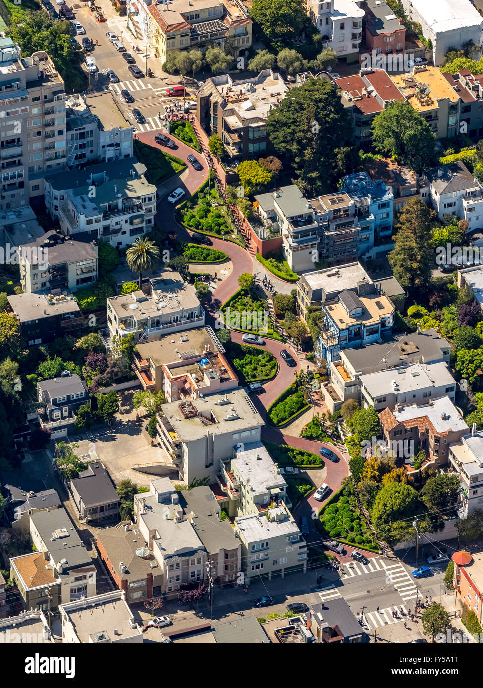 Vue aérienne, Lombard Street, avec des virages en épingle, winding road, les rues de San Francisco, San Francisco Banque D'Images