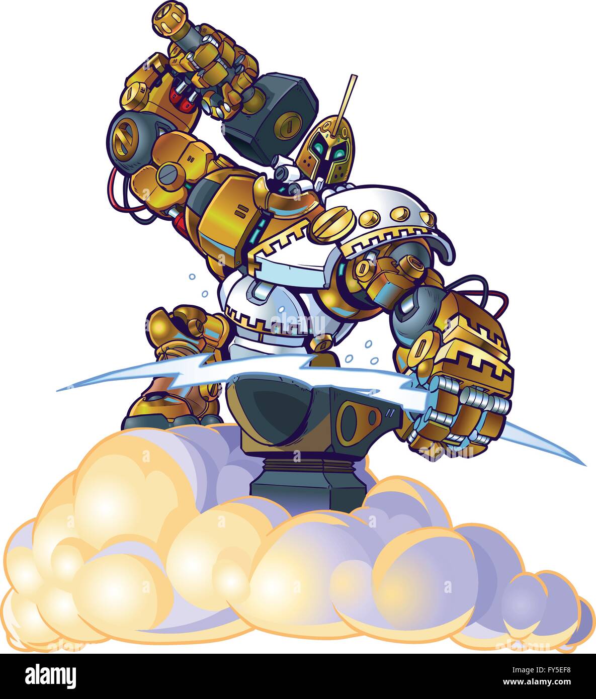 Vector cartoon clip art illustration d'un dieu grec robot-forgeron forger un boulon d'éclairage avec un marteau et enclume sur un nuage. Illustration de Vecteur