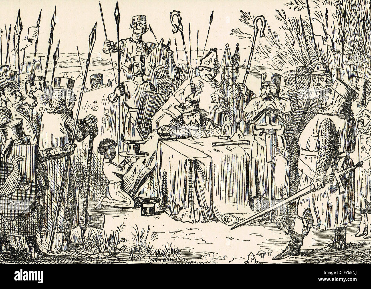 Les Barons rebelles forcer le roi Jean à signer la Grande Charte de 1215 une vue comique par John Leech Banque D'Images