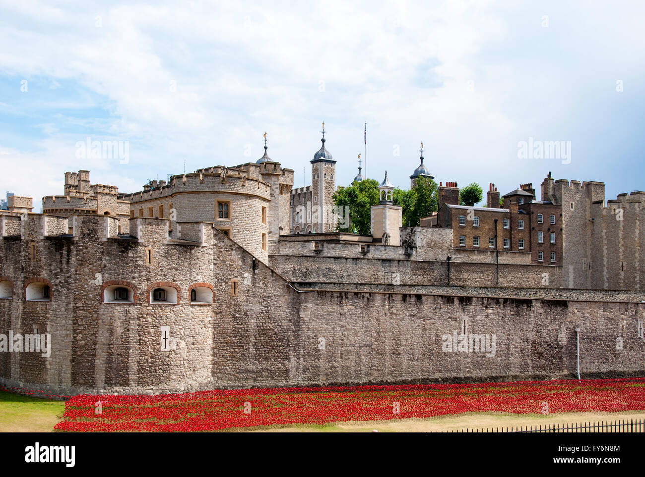 La Tour de Londres, le château médiéval et la prison avec un parterre de fleurs rouges Banque D'Images