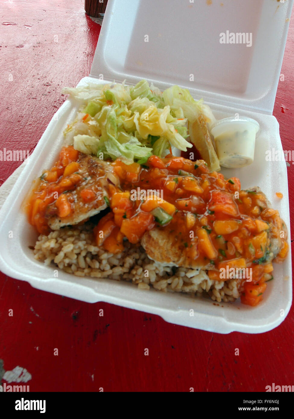 Ono-papaye fraîche avec salsa de mangue, riz brun, et le jeta dans le style de l'île verts le déjeuner sur une plaque de table rouge. Banque D'Images