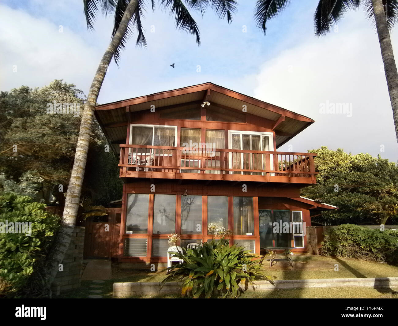 Deux étages maison de plage rouge avec grands cocotiers sur Oahu, Hawaï et d'oiseau volant au-dessus. Banque D'Images