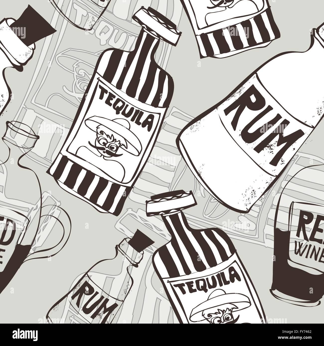 Hand drawn seamless background avec tequila, rhum et des bouteilles de vin, parfait pour le papier peint, eps8, pas de transparents, idéal pour les pri Illustration de Vecteur