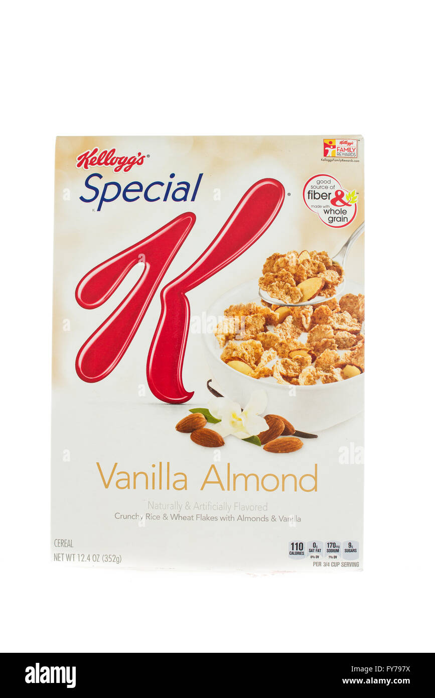 Winneconne, WI - 5 Février 2015 : Fort de Kellogg's Special K Vanille et amandes de céréales. Commercialisé comme les céréales à faible teneur en matières grasses. Banque D'Images