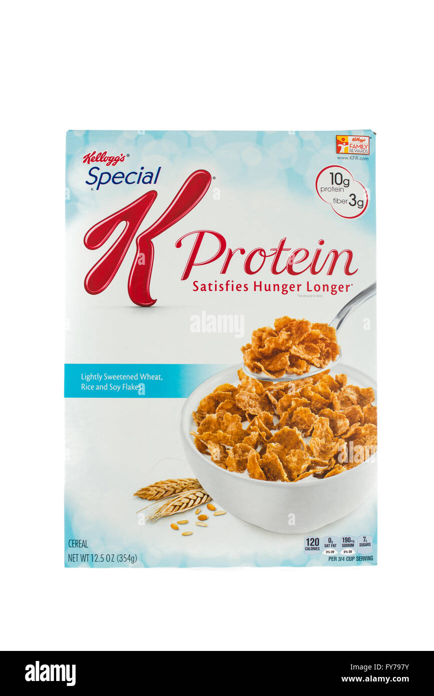 Winneconne, WI - 5 Février 2015 : Fort de protéine Special K de Kellogg's céréales. Commercialisé comme les céréales à faible teneur en matières grasses. Banque D'Images