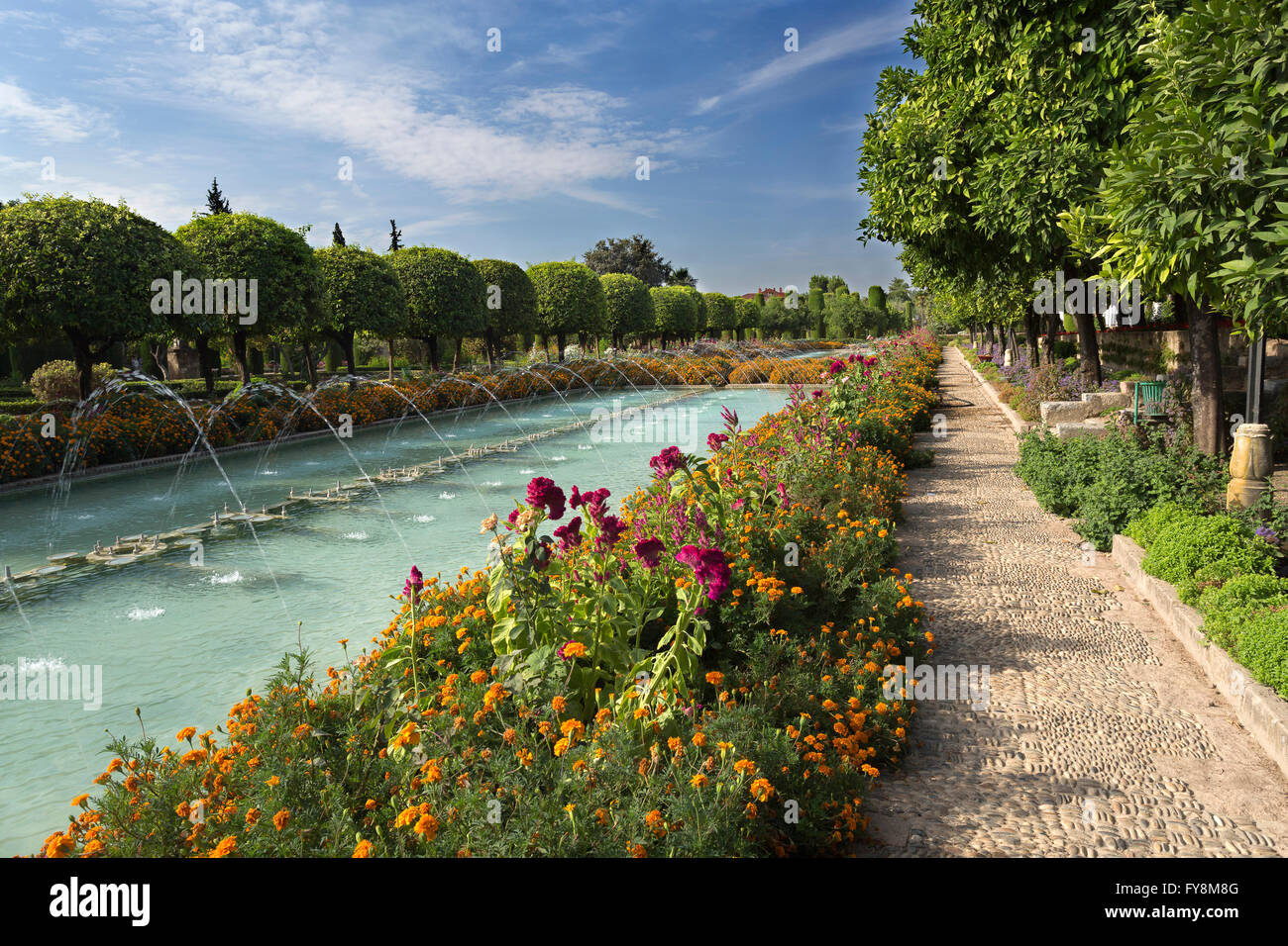 Tôt le matin dans les jardins de l'Alcazar des Rois Catholiques à Cordoba, Espagne Banque D'Images